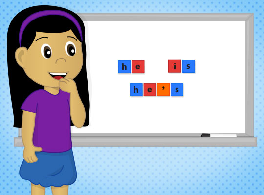 Cartoon girl making contractions on a whiteboard