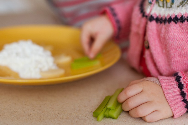 Preschooler adding celery to plate