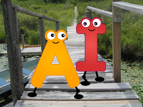 Vowels A and I walking on a bridge