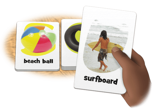 Placing "surfboard" card on top of "beach ball" card