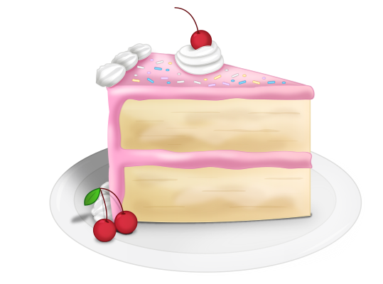 An illustrated piece of cake with pink frosting and cherries