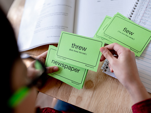 Young boy going through flashcards with word families