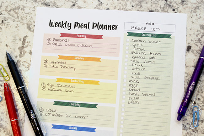 a partially filled out meal planner page