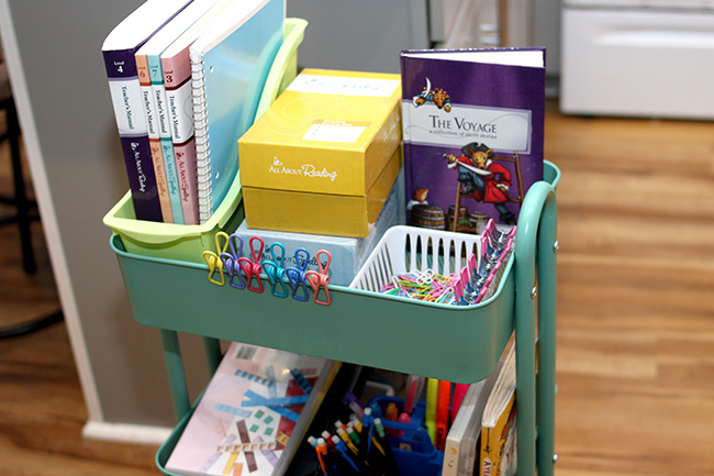 a teal 3-tier rolling cart with homeschool materials