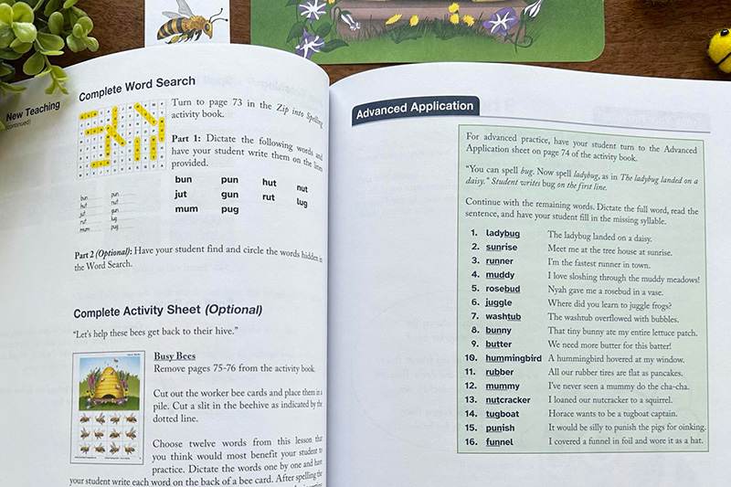 Spelling teacher's manual open to an advanced application page