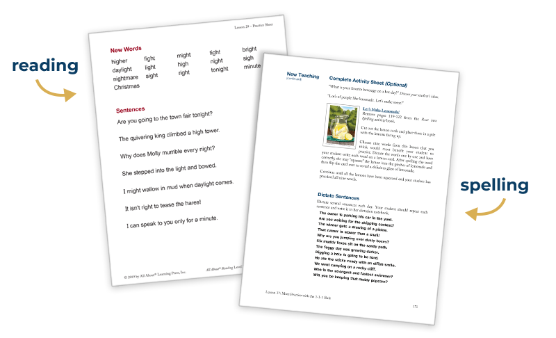 Practice sheets from All About Reading and All About Spelling