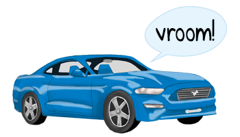 a cartoon illustration of a racecar with a speech bubble saying 'vroom'