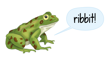 a cartoon illustration of a frog with a speech bubble saying 'ribbit'
