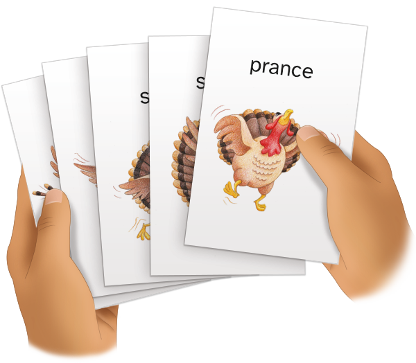 A child's hand holding five cards