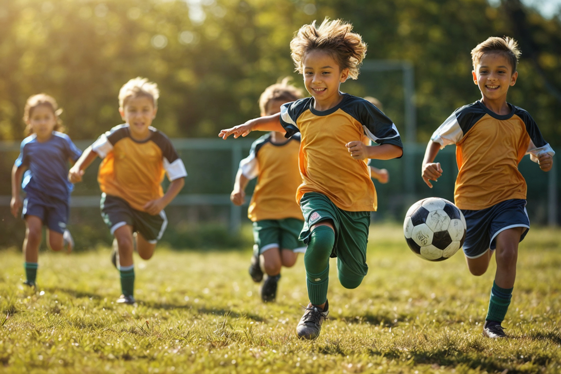 Children playing soccer outside.