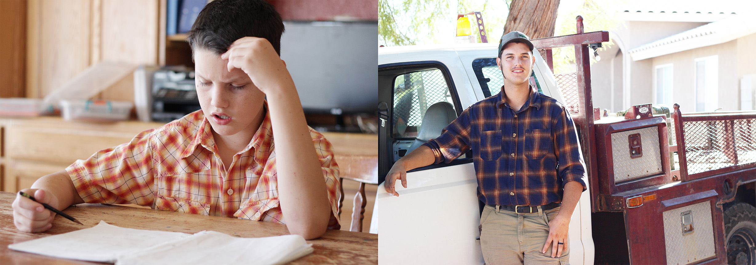 Young boy struggling to learn reading and spelling; young man standing next to a truck