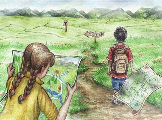 Children using maps to navigate confusing, mountainous trails.