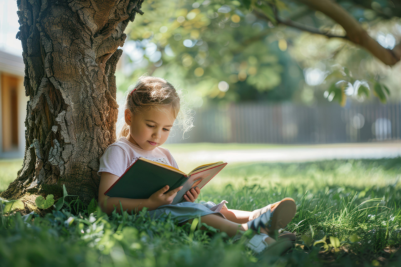 Child reading a book under a tree.