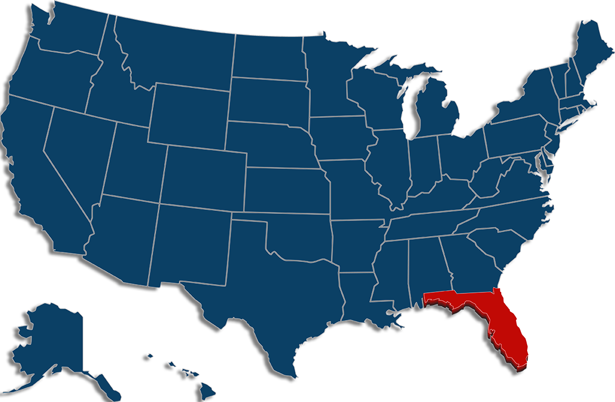 A map of the United States, with Florida highlighted in red and the others blue